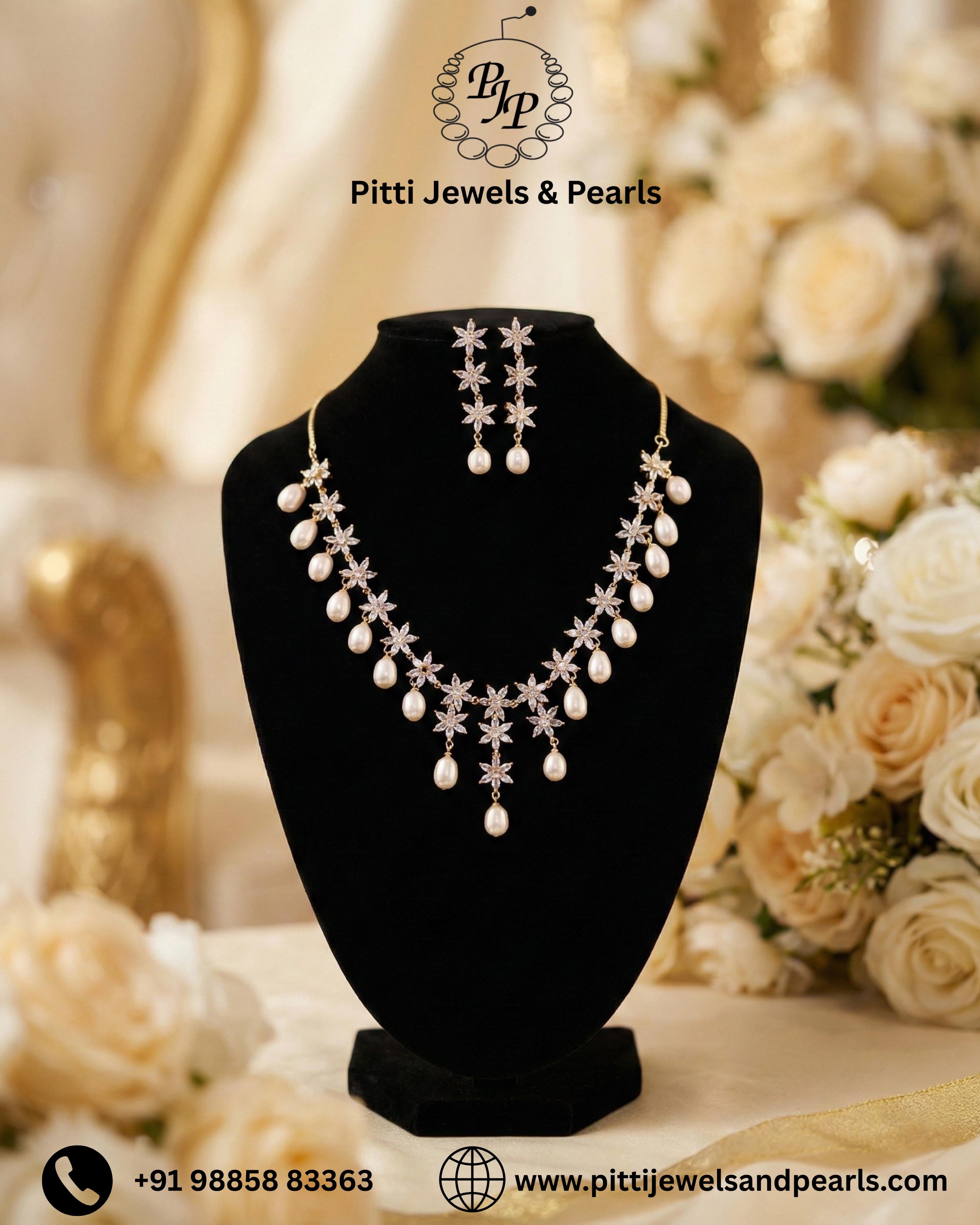 Cz Stone Studded Necklace Set With Real Pearl Drops With Certificate(D.No ADPRLS841)