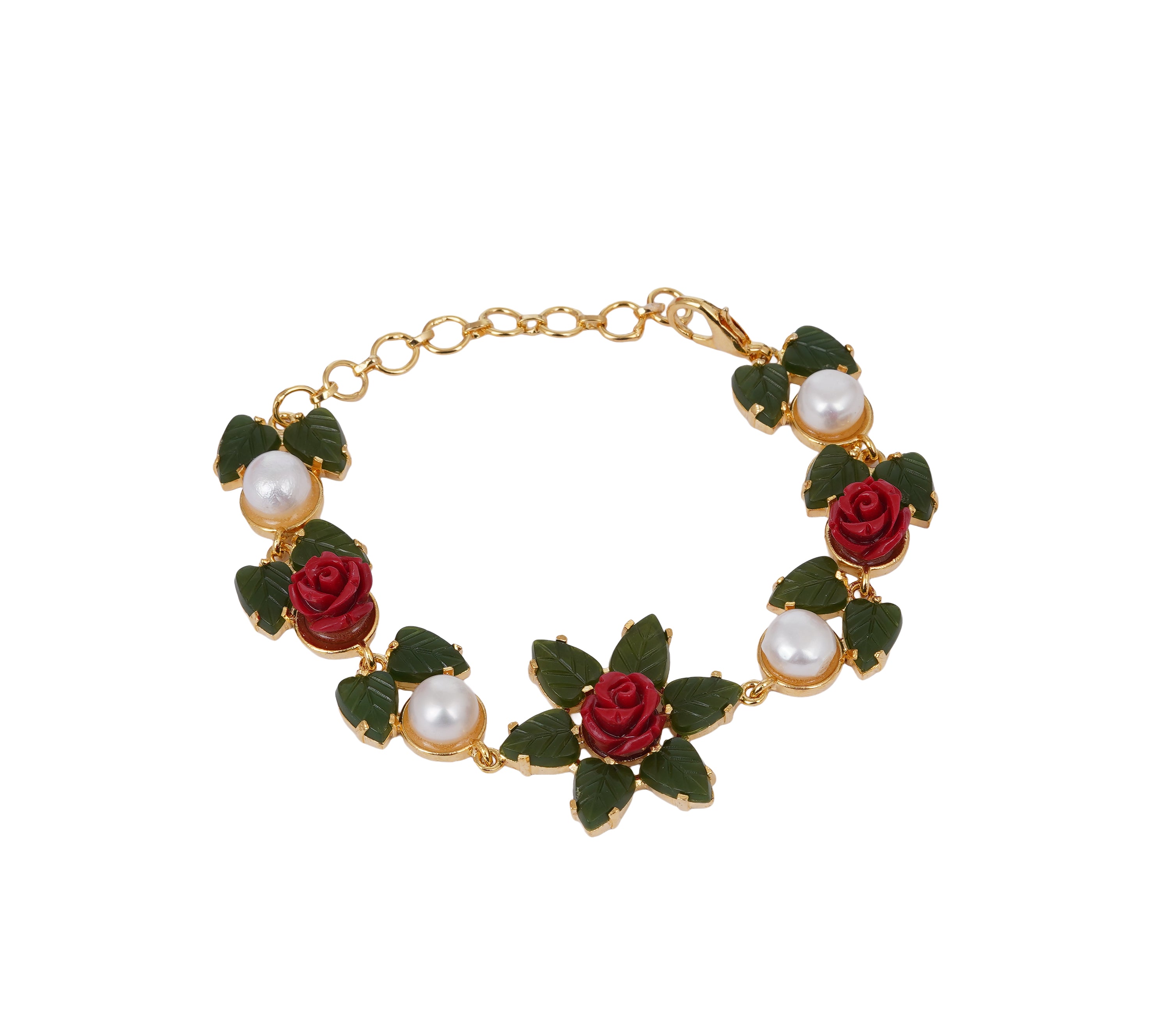 Ceramic Flower n jade leaf Real Natural Fresh Water Button Pearl Bracelet With Certificate(D.No ADBLS279)
