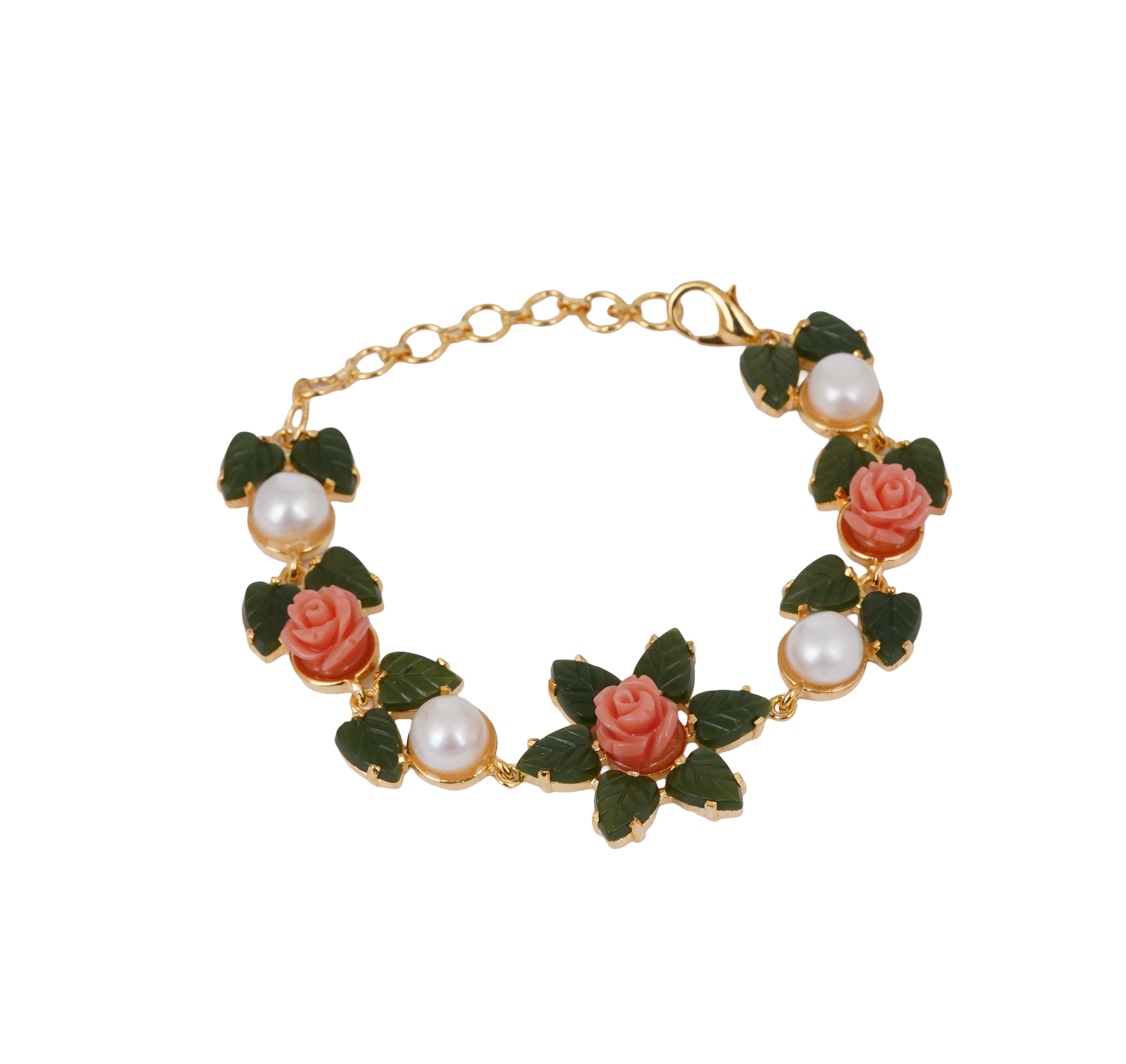 Ceramic Flower n Jade leaf Real Natural Fresh Water Button Pearl Bracelet With Certificate(D.No ADBLS281)