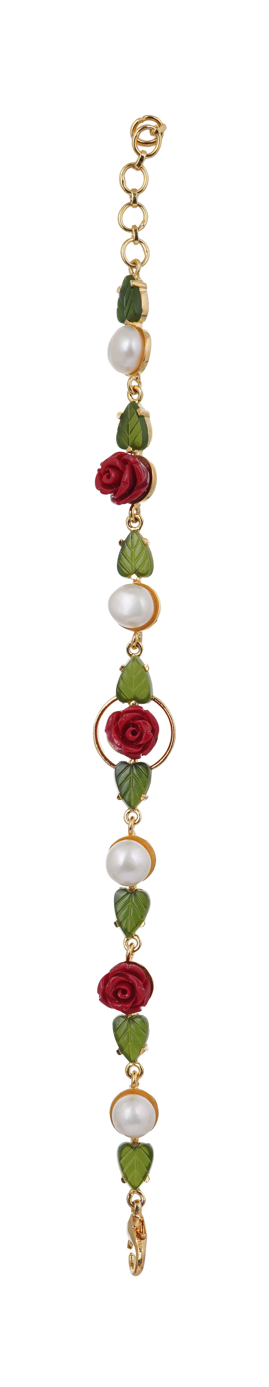 Ceramic Flower n Jade leaf Real Natural Fresh Water Button Pearl Bracelet With Certificate(D.No ADBLS285)