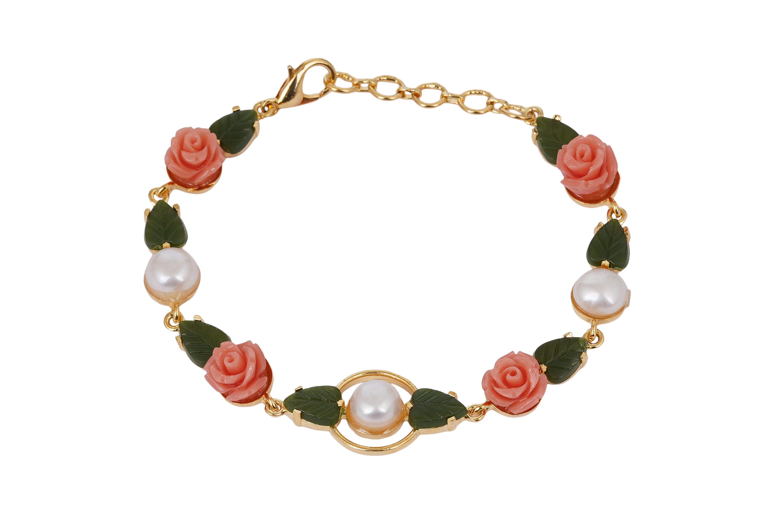 Ceramic Flower n Jade leaf Real Natural Fresh Water Button Pearl Bracelet With Certificate(D.No ADBLS286)