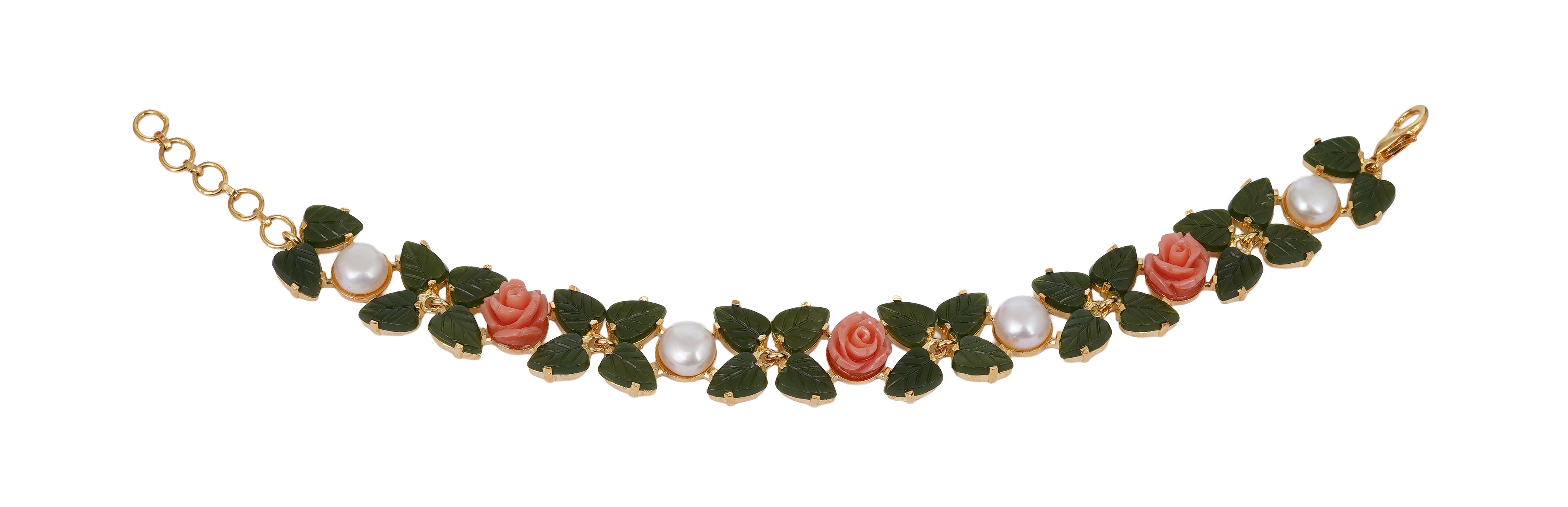 Ceramic Flower n Jade leaf Real Natural Fresh Water Button Pearl Bracelet With Certificate(D.No ADBLS288)