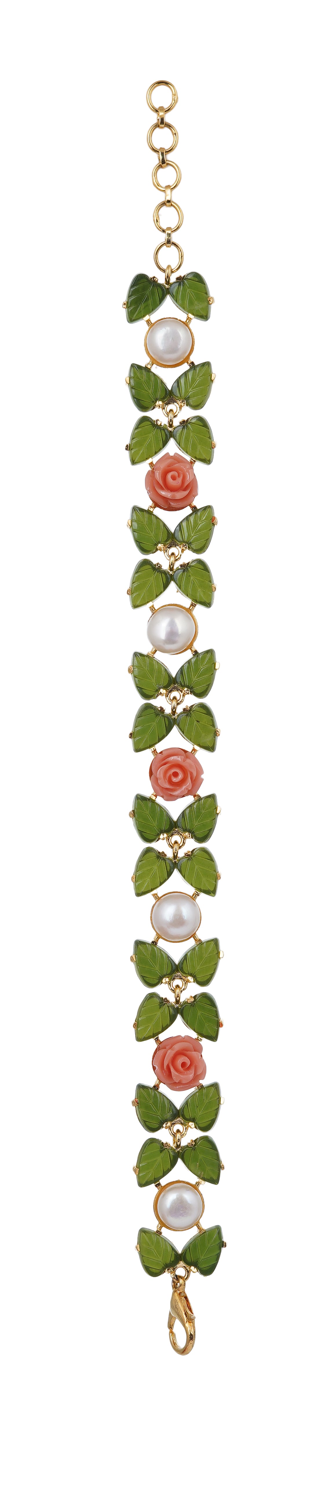 Ceramic Flower n Jade leaf Real Natural Fresh Water Button Pearl Bracelet With Certificate(D.No ADBLS288)