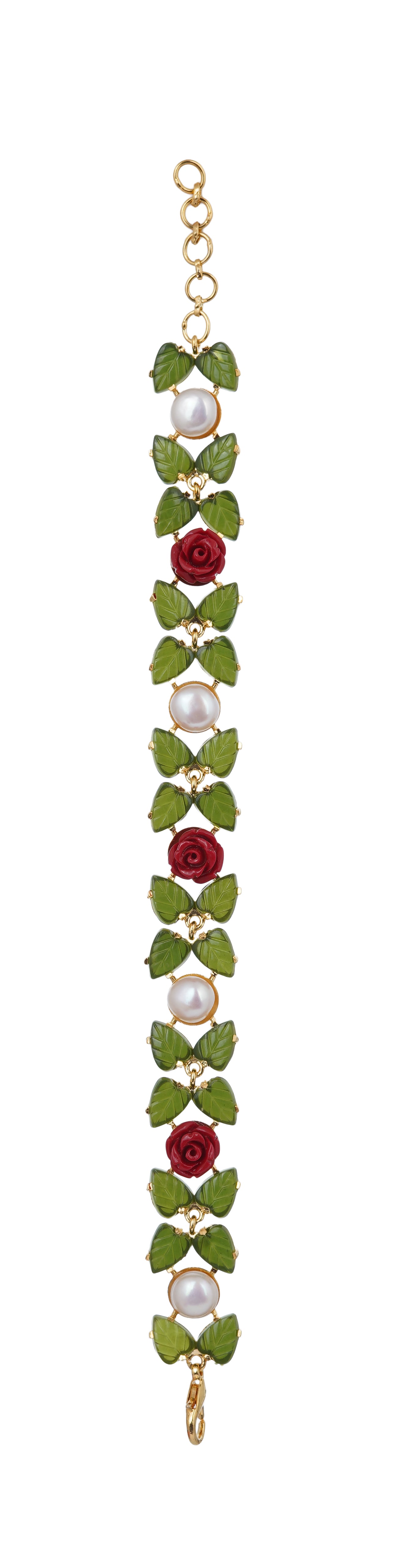 Ceramic Flower n Jade leaf Real Natural Fresh Water Button Pearl Bracelet With Certificate(D.No ADBLS289)