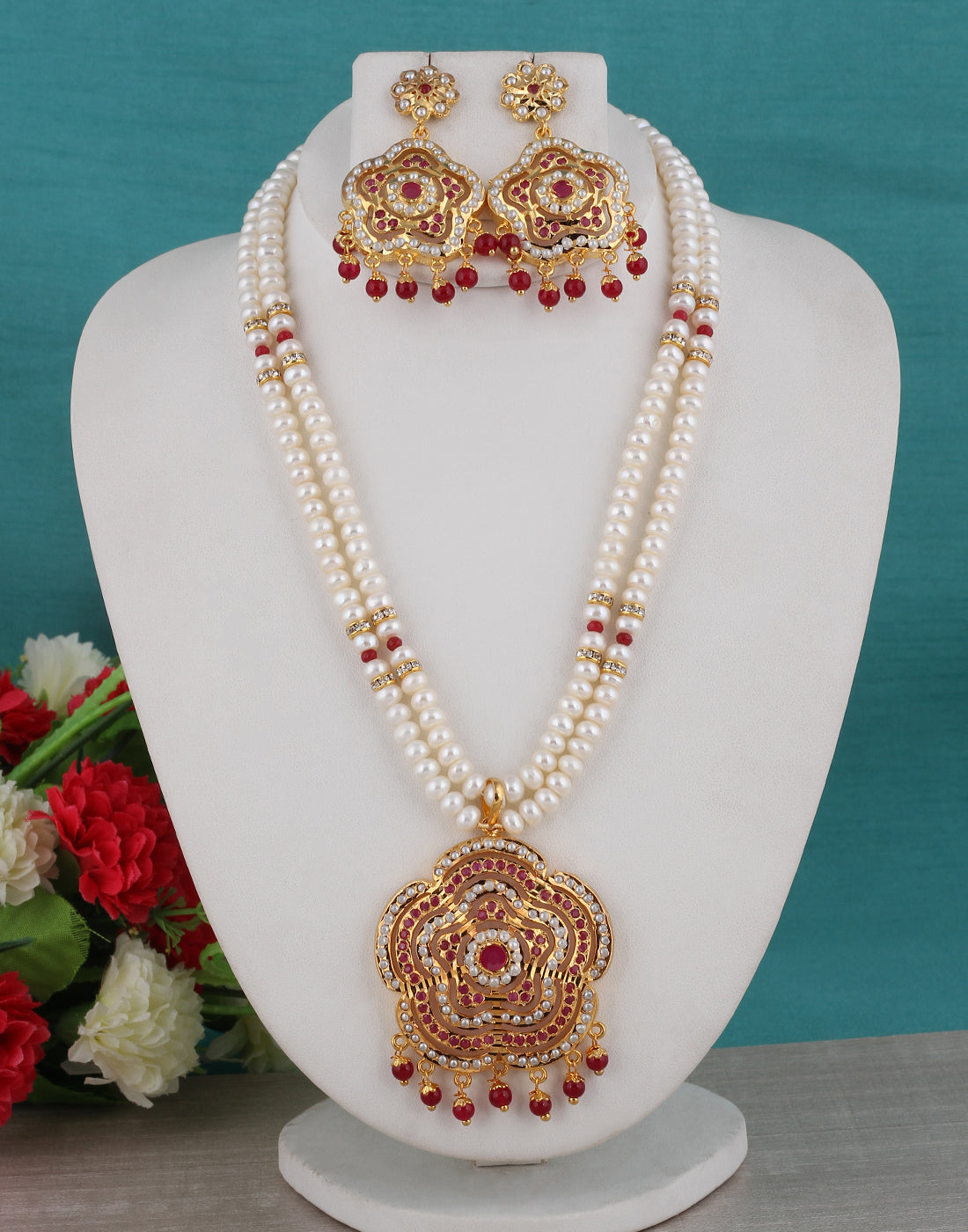 Real Natural Fresh Water Double String Pearl Set With Certificate(D.No ADPRLS1385)