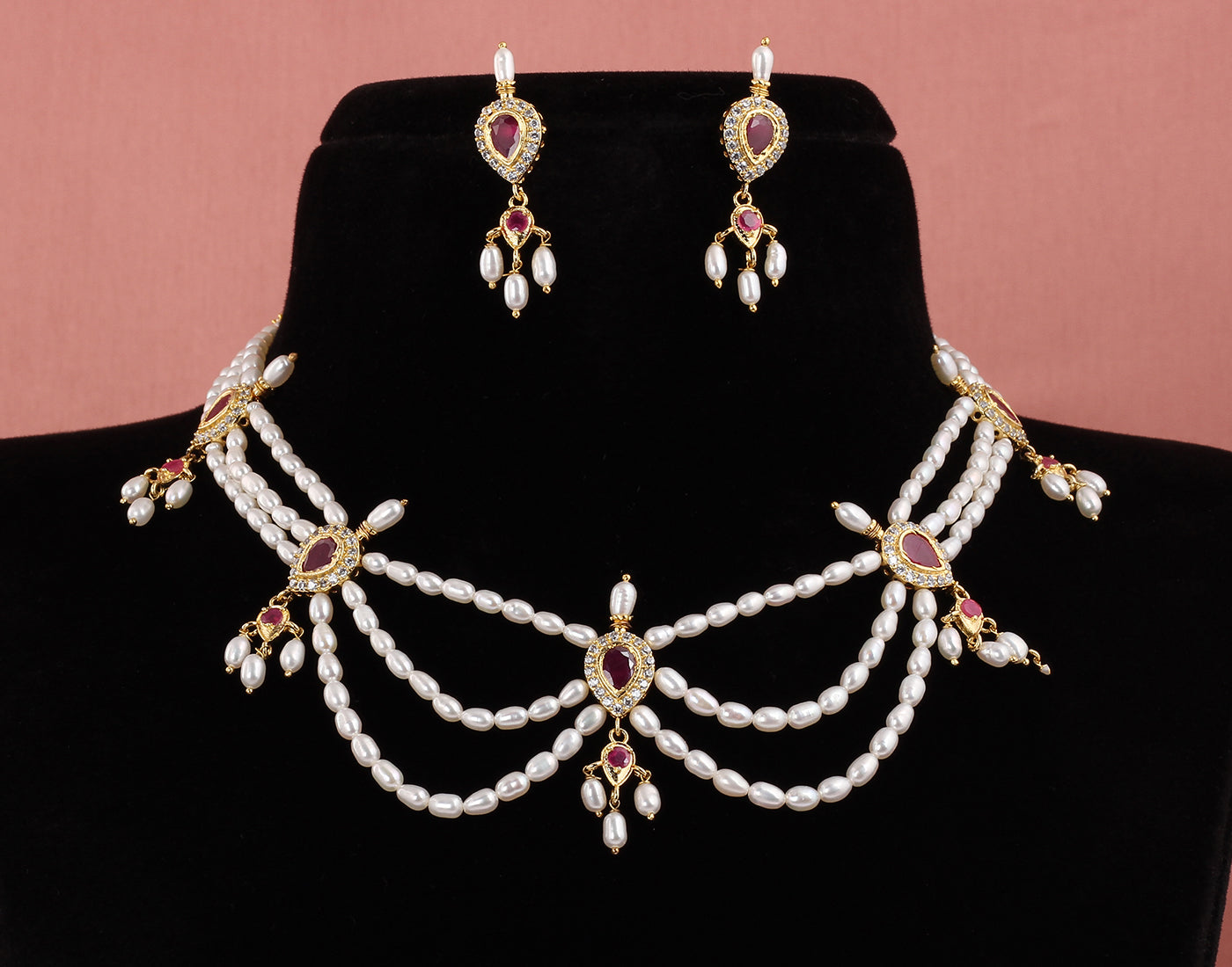 Real Natural Fresh Water Triple String Pearl Set With Certificate(D.No ADPRLS1619)