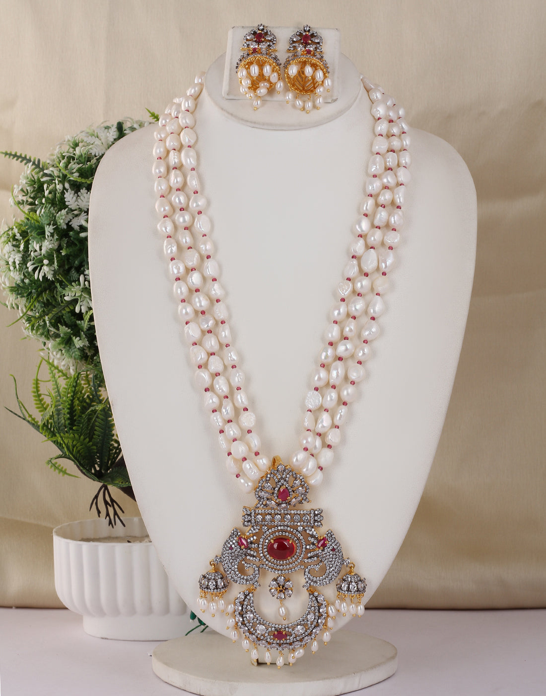 Real Natural Fresh Water Triple String Barook Pearl Set With Certificate(D.No ADPRLS1745)