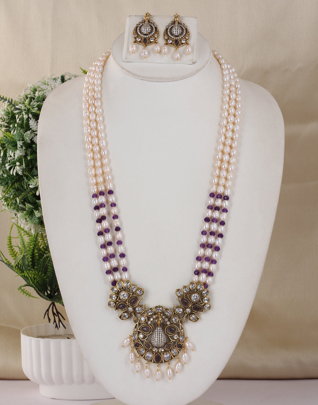 Real Natural Fresh Water Triple String Pearl Set With Certificate(D.No ADPRLS1767)