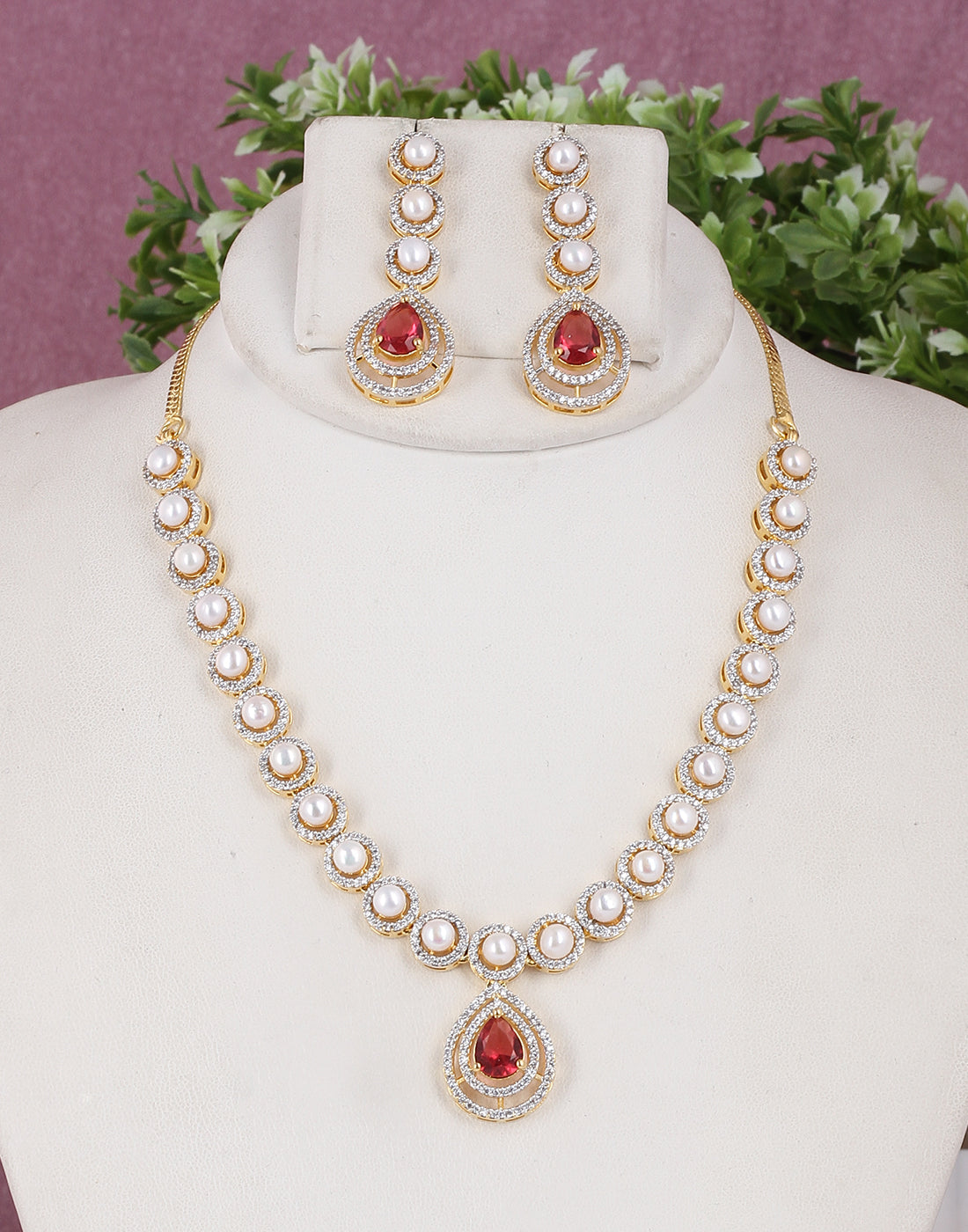 Cz Stone Studded Necklace Set With Real Button Pearl With Certificate(D.No ADPRLS1798)