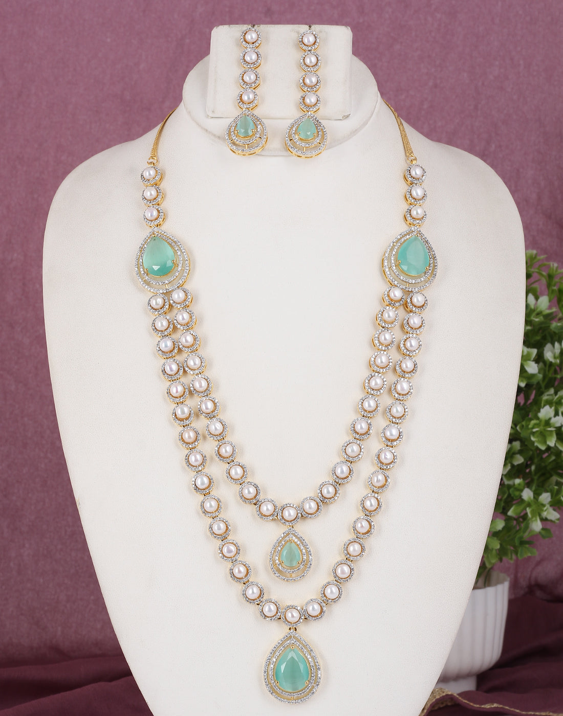 Cz Stone Studded Necklace Set With Real Button Pearl With Certificate(D.No ADPRLS1800)