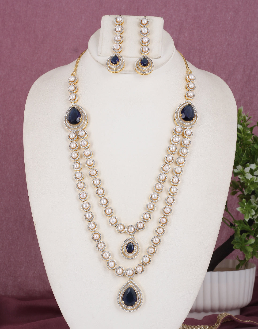 Cz Stone Studded Necklace Set With Real Button Pearl With Certificate(D.No ADPRLS1802)