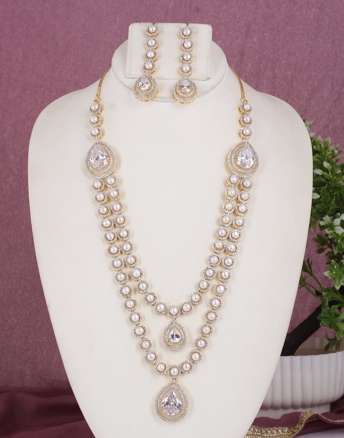 Cz Stone Studded Necklace Set With Real Button Pearl With Certificate(D.No ADPRLS1804)