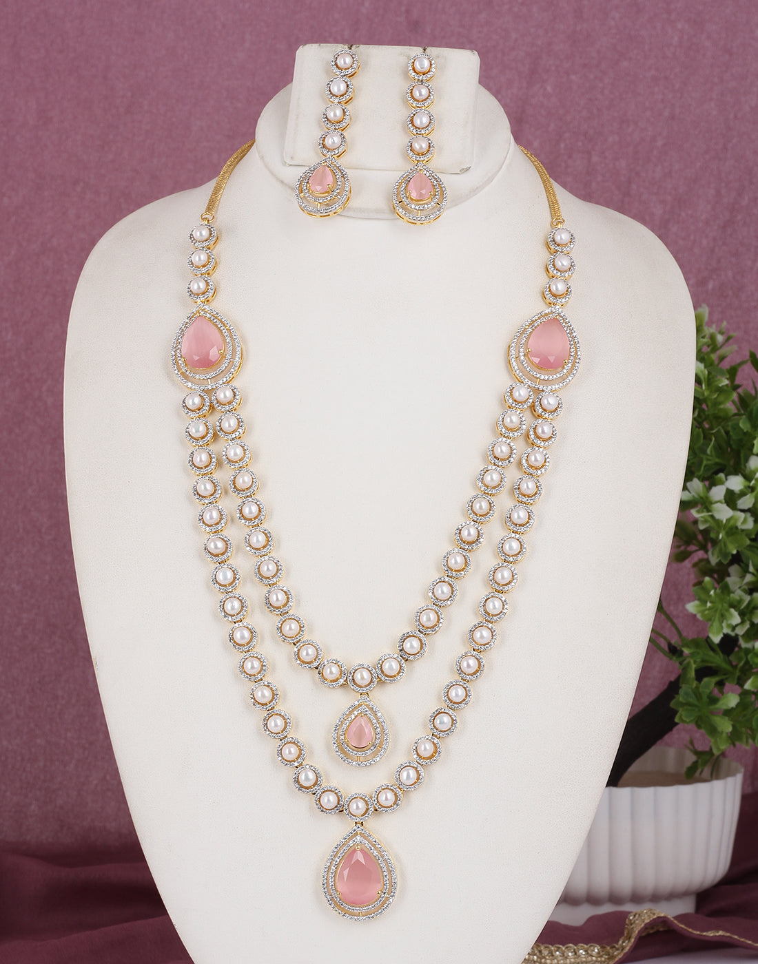 Cz Stone Studded Necklace Set With Real Button Pearl With Certificate(D.No ADPRLS1805)