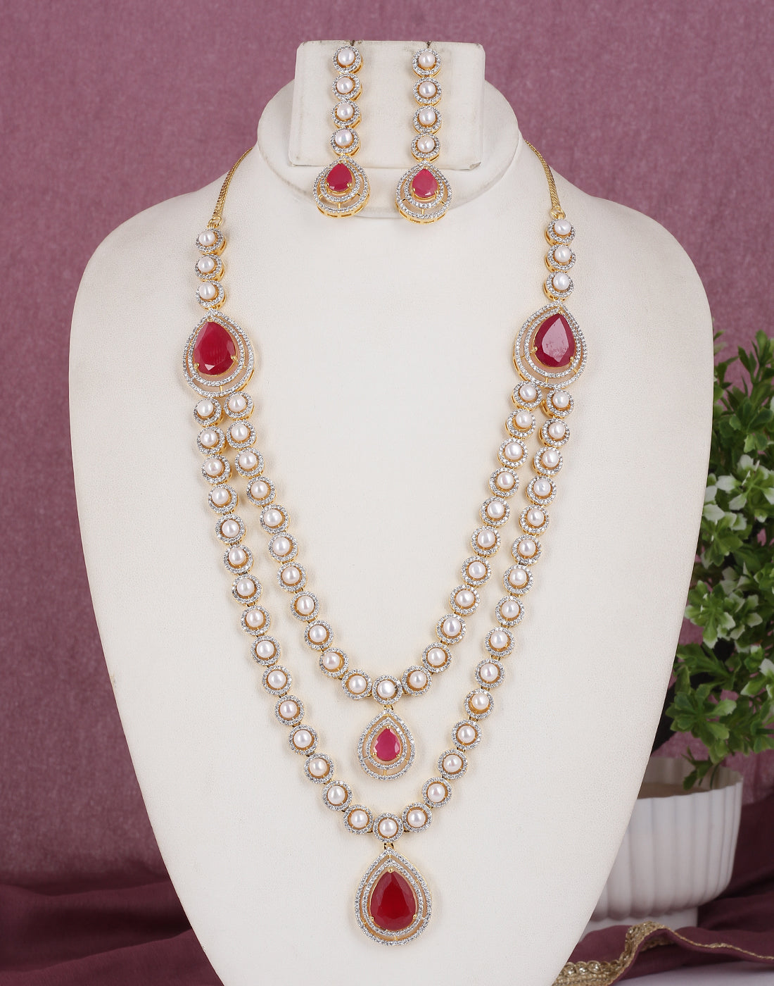 Cz Stone Studded Necklace Set With Real Button Pearl With Certificate(D.No ADPRLS1807)