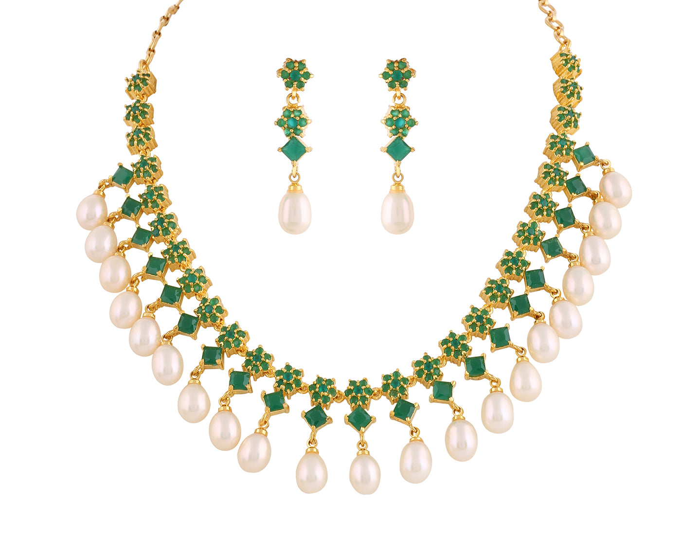 Beautiful Cz Stone Studded Necklace Set For Women With Real Pearl Drops With Certificate(D.No ADPRLS2009)