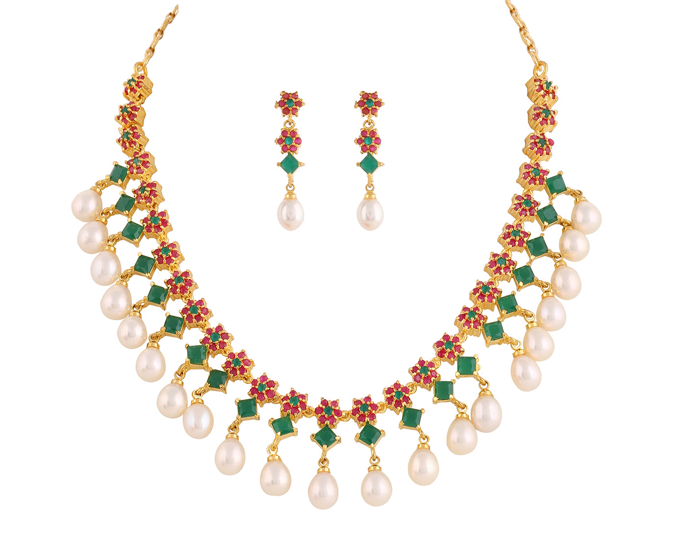 Beautiful Cz Stone Studded Necklace Set For Women With Real Pearl Drops With Certificate(D.No ADPRLS2010)