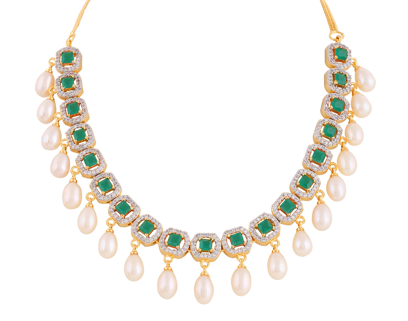 Beautiful Cz Stone Studded Necklace Set For Women With Real Pearl Drops With Certificate(D.No ADPRLS2011)