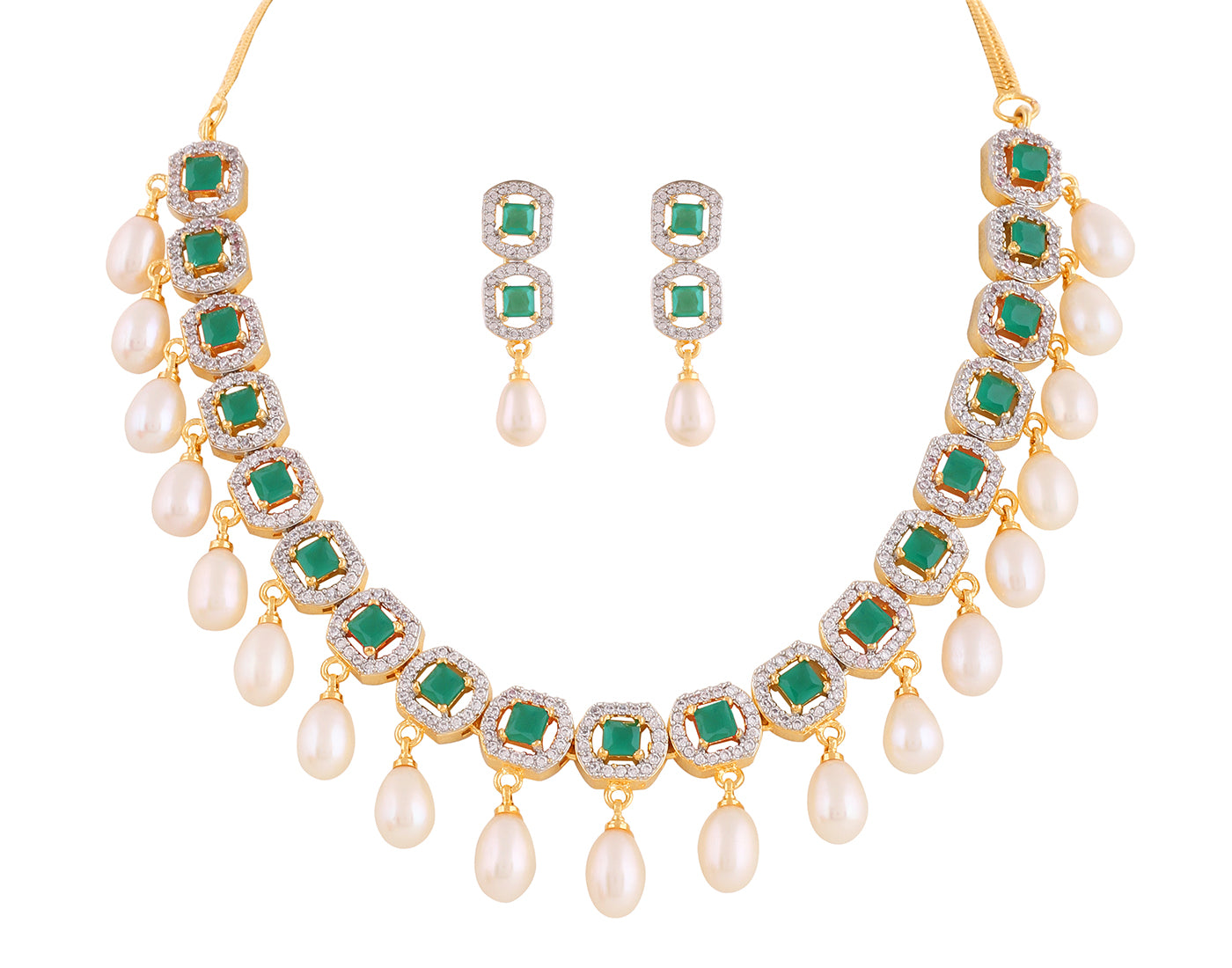 Beautiful Cz Stone Studded Necklace Set For Women With Real Pearl Drops With Certificate(D.No ADPRLS2011)