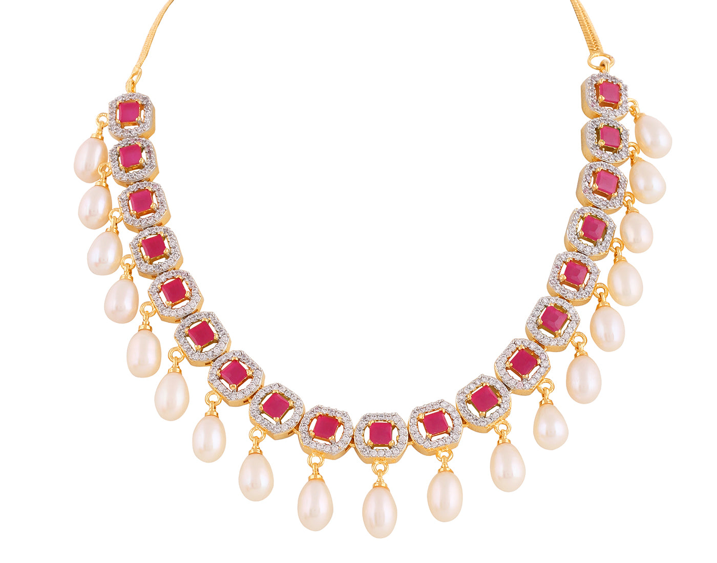 Beautiful Cz Stone Studded Necklace Set For Women With Real Pearl Drops With Certificate(D.No ADPRLS2012)