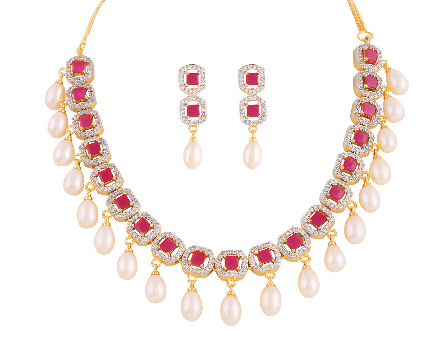 Beautiful Cz Stone Studded Necklace Set For Women With Real Pearl Drops With Certificate(D.No ADPRLS2012)