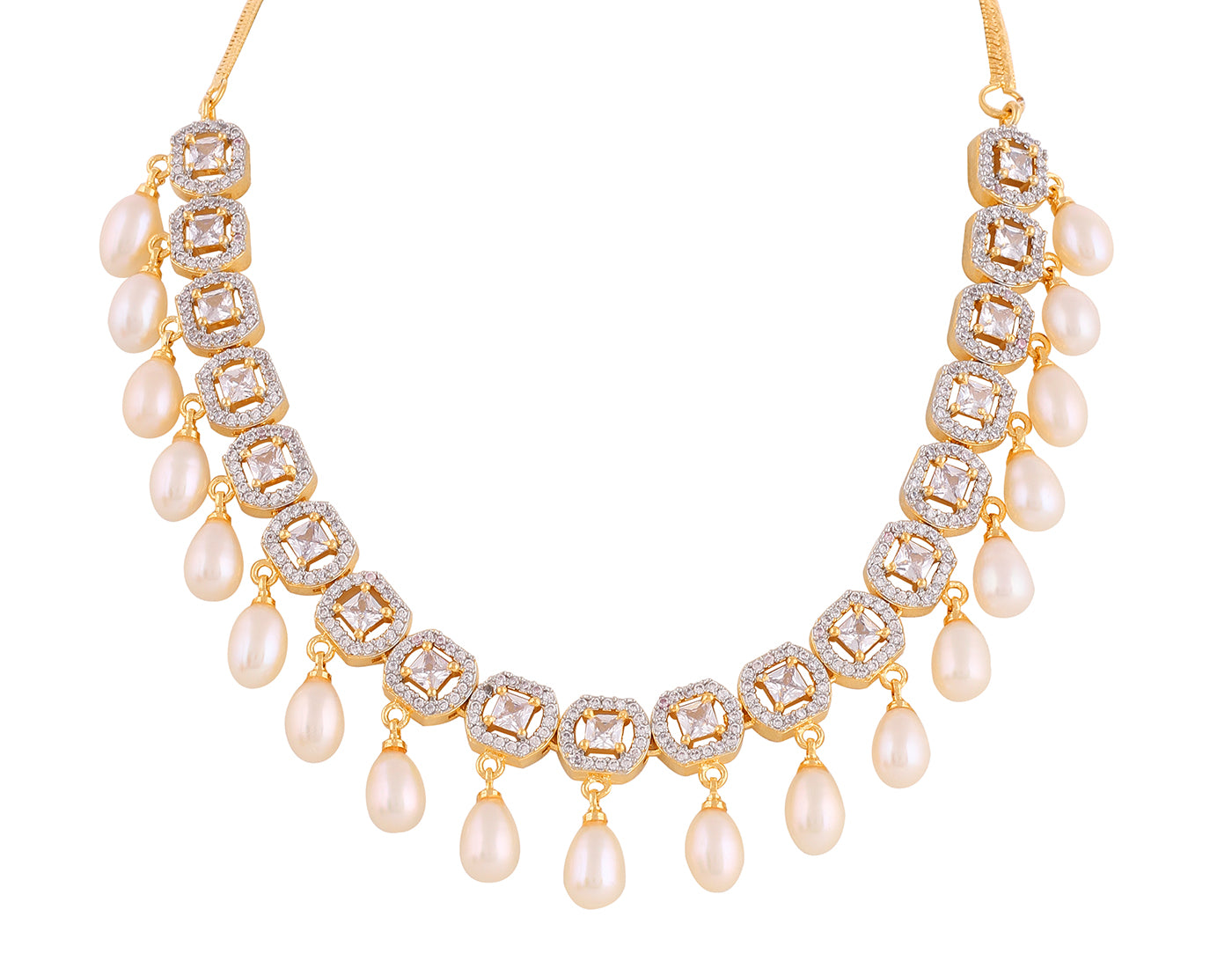 Beautiful Cz Stone Studded Necklace Set For Women With Real Pearl Drops With Certificate(D.No ADPRLS2013)