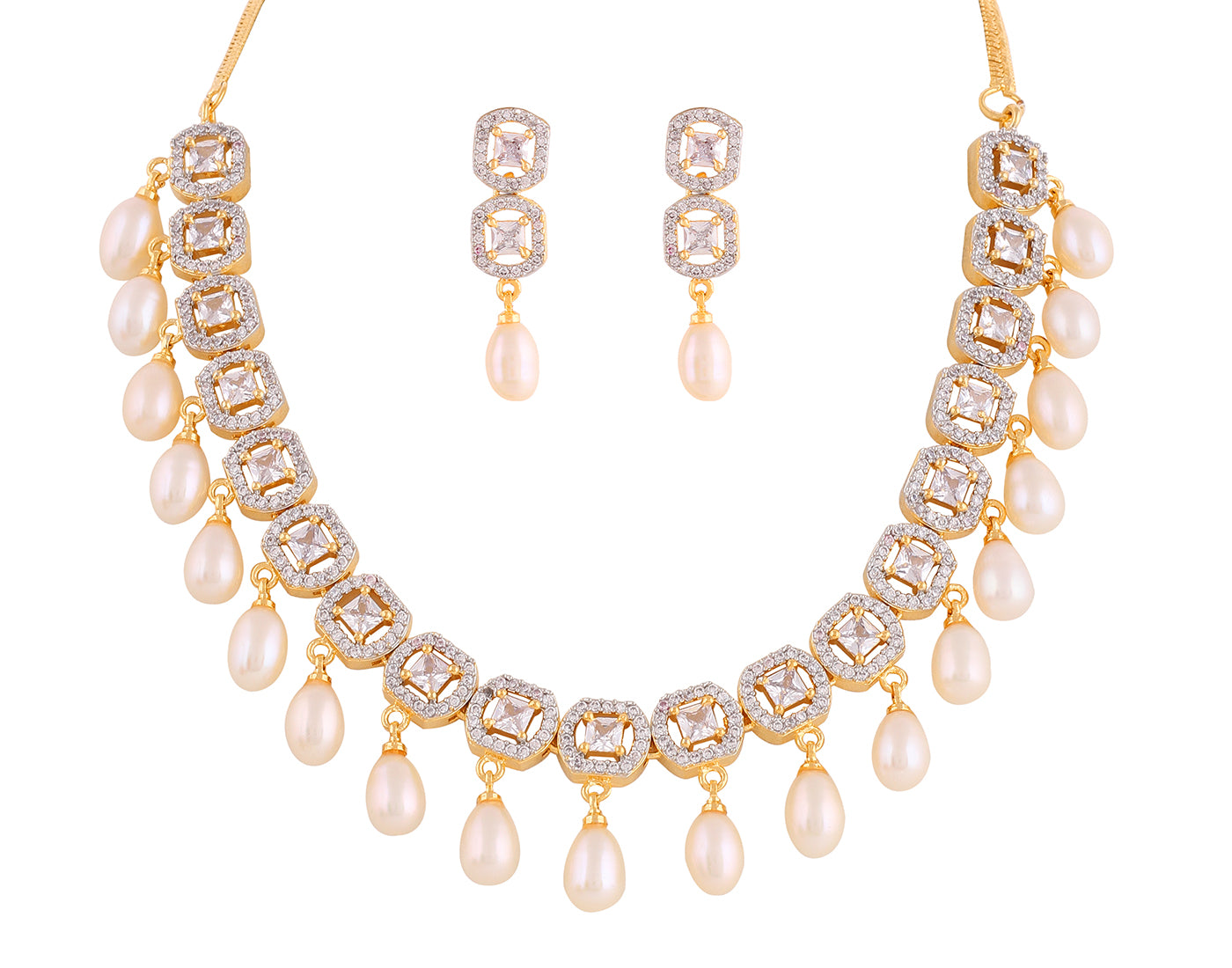 Beautiful Cz Stone Studded Necklace Set For Women With Real Pearl Drops With Certificate(D.No ADPRLS2013)
