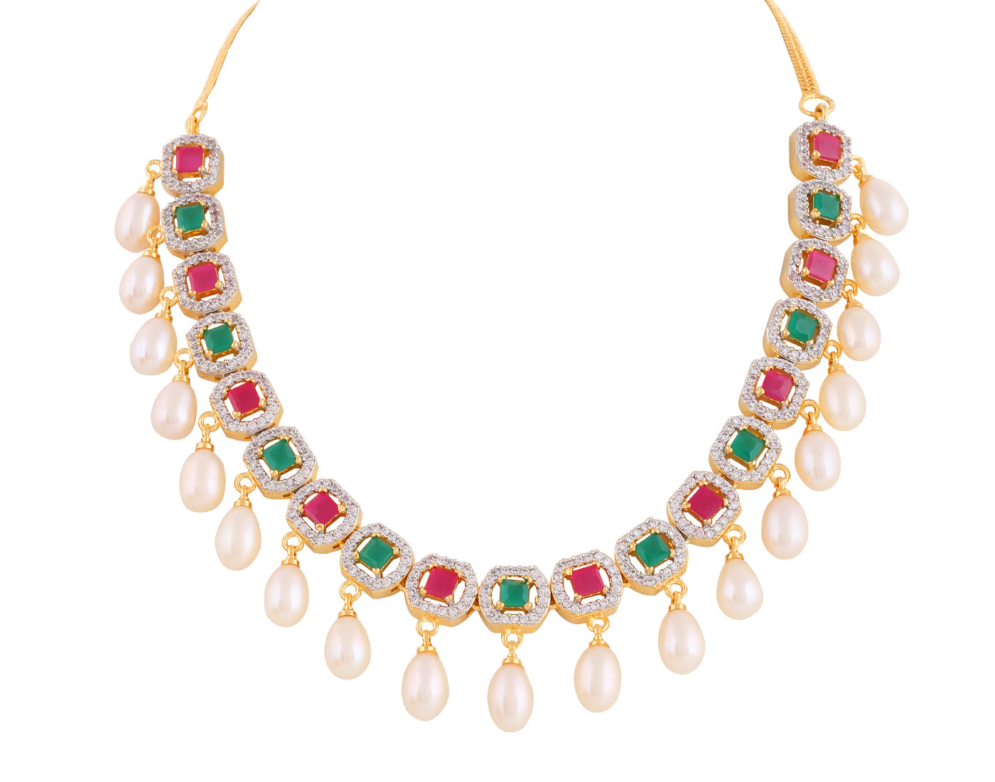 Beautiful Cz Stone Studded Necklace Set For Women With Real Pearl Drops With Certificate(D.No ADPRLS2014)