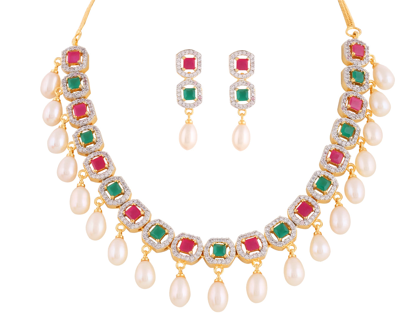 Beautiful Cz Stone Studded Necklace Set For Women With Real Pearl Drops With Certificate(D.No ADPRLS2014)