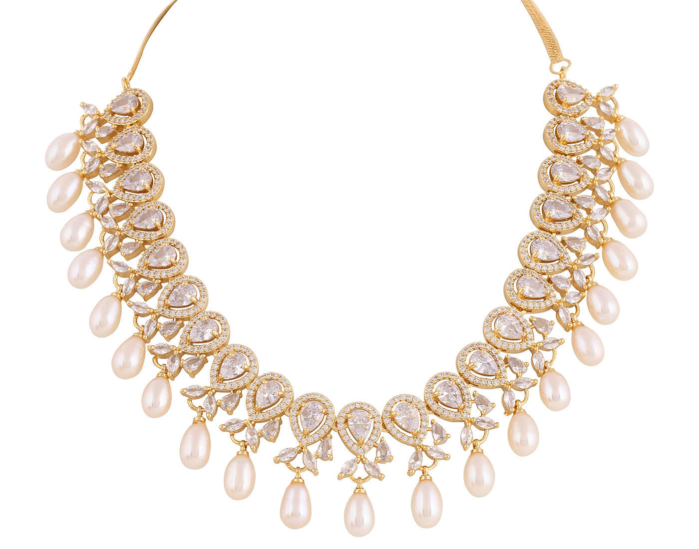 Beautiful Cz Stone Studded Necklace Set For Women With Real Pearl Drops With Certificate(D.No ADPRLS2015)