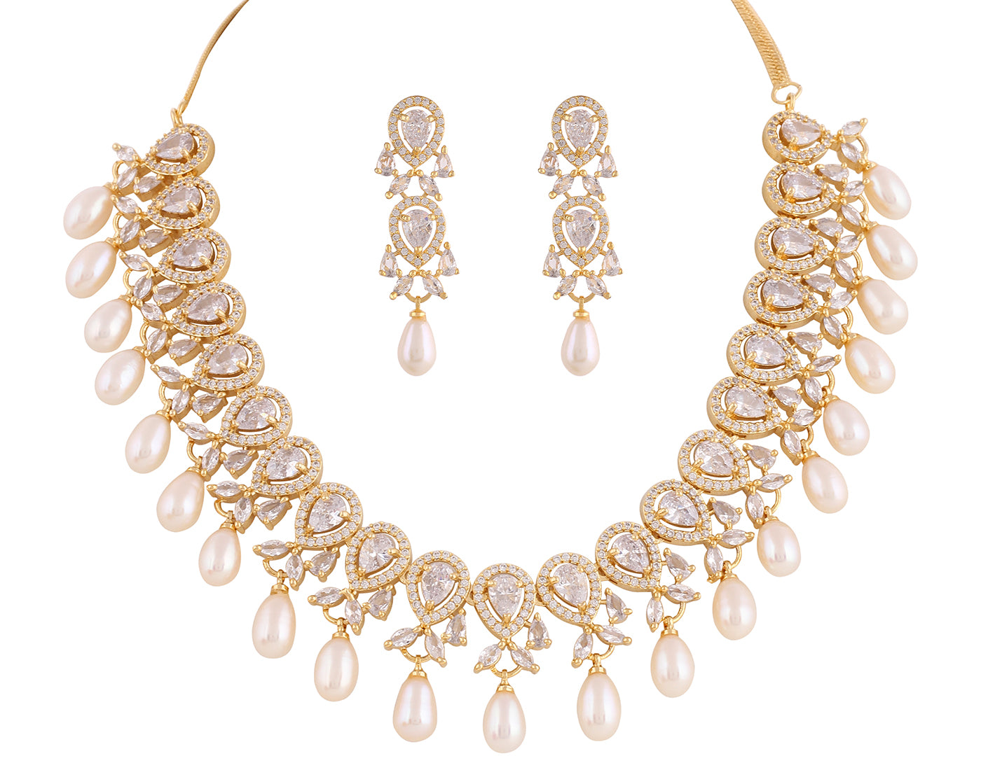 Beautiful Cz Stone Studded Necklace Set For Women With Real Pearl Drops With Certificate(D.No ADPRLS2015)