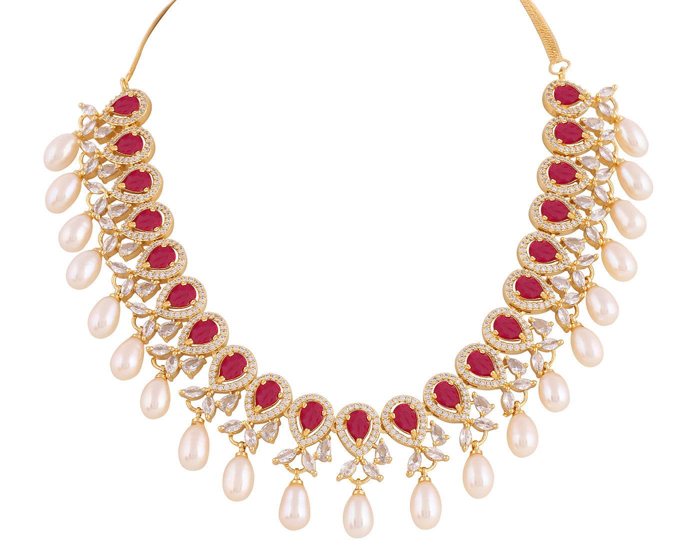 Beautiful Cz Stone Studded Necklace Set For Women With Real Pearl Drops With Certificate(D.No ADPRLS2016)