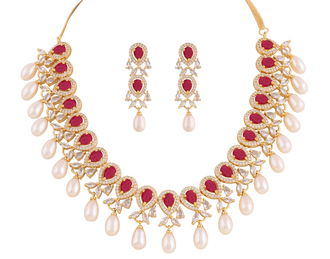 Beautiful Cz Stone Studded Necklace Set For Women With Real Pearl Drops With Certificate(D.No ADPRLS2016)