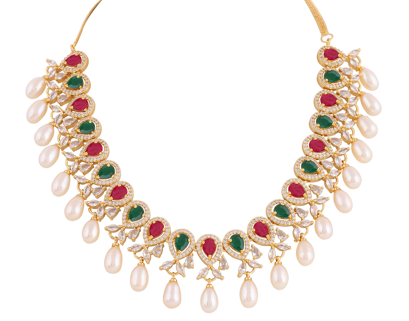 Beautiful Cz Stone Studded Necklace Set For Women With Real Pearl Drops With Certificate(D.No ADPRLS2017)