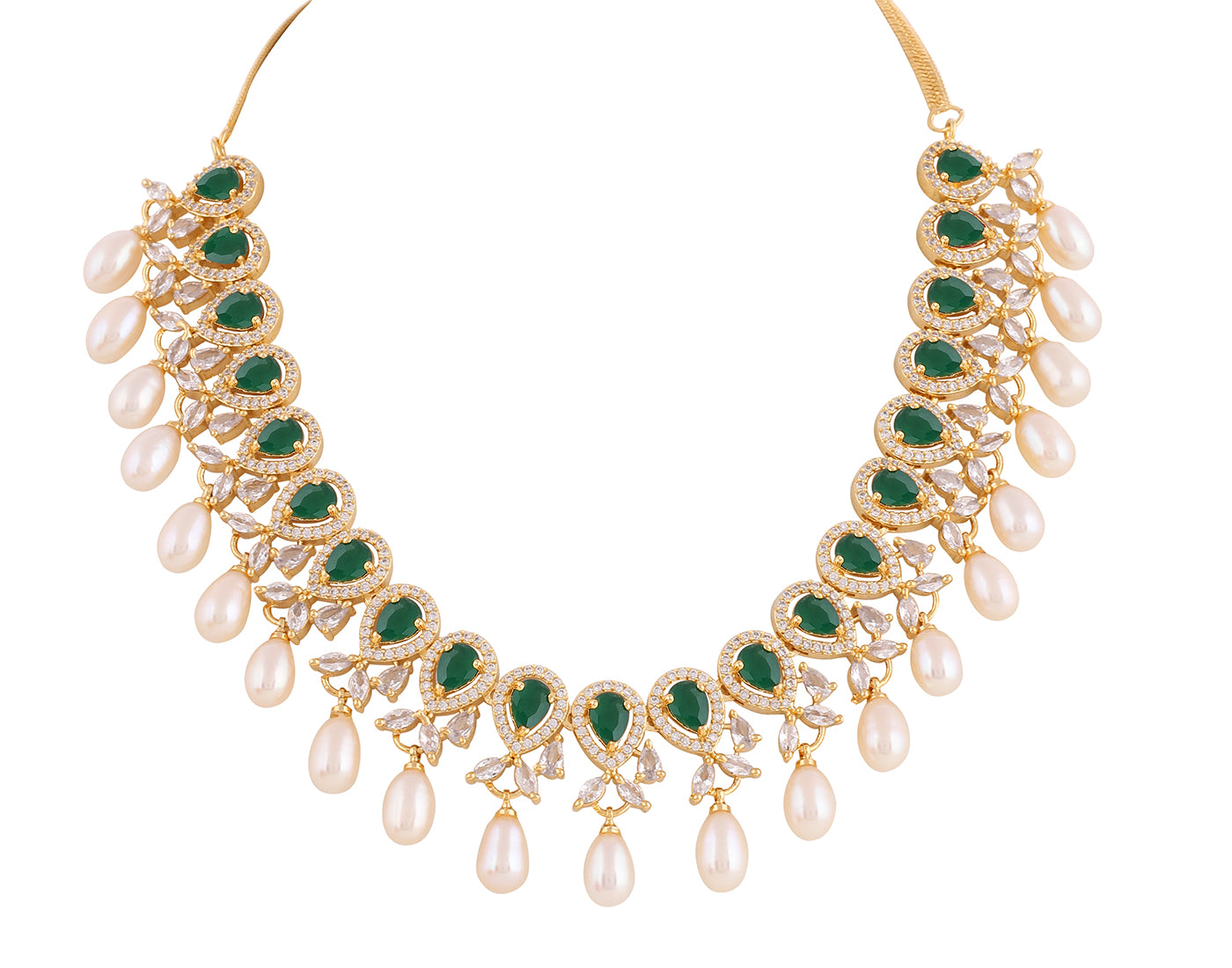 Beautiful Cz Stone Studded Necklace Set For Women With Real Pearl Drops With Certificate(D.No ADPRLS2019)