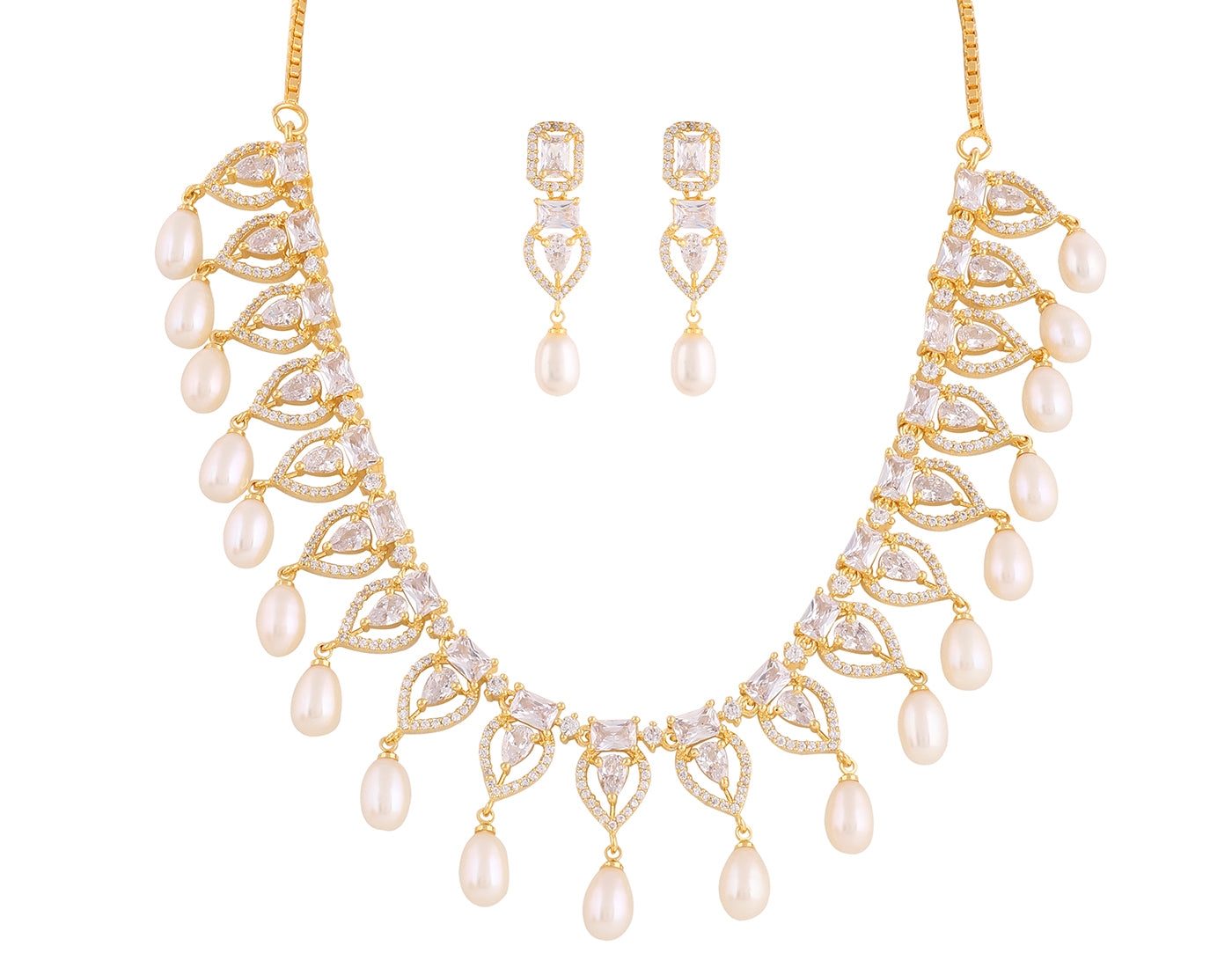 Beautiful Cz Stone Studded Necklace Set For Women With Real Pearl Drops With Certificate(D.No ADPRLS2020)