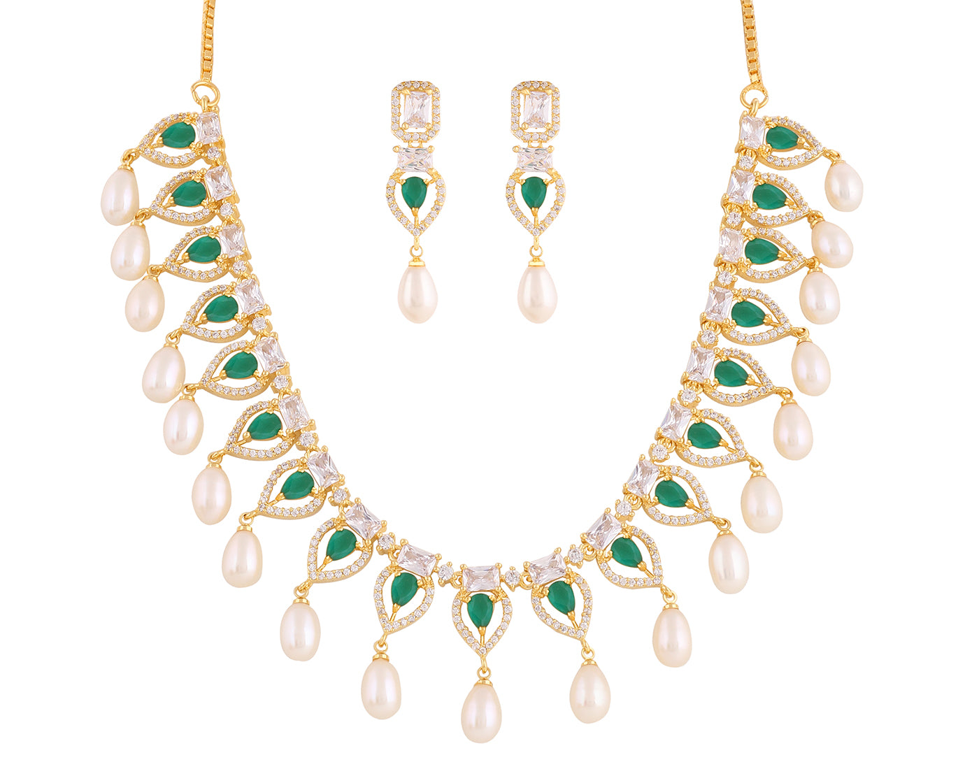 Beautiful Cz Stone Studded Necklace Set For Women With Real Pearl Drops With Certificate(D.No ADPRLS2021)