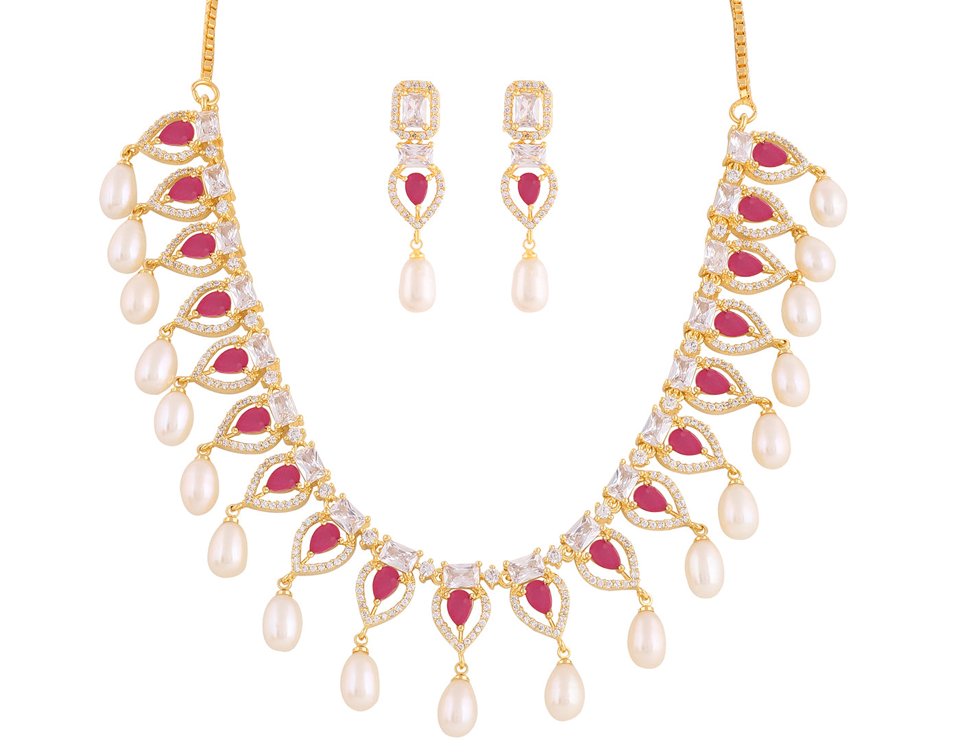 Beautiful Cz Stone Studded Necklace Set For Women With Real Pearl Drops With Certificate(D.No ADPRLS2022)
