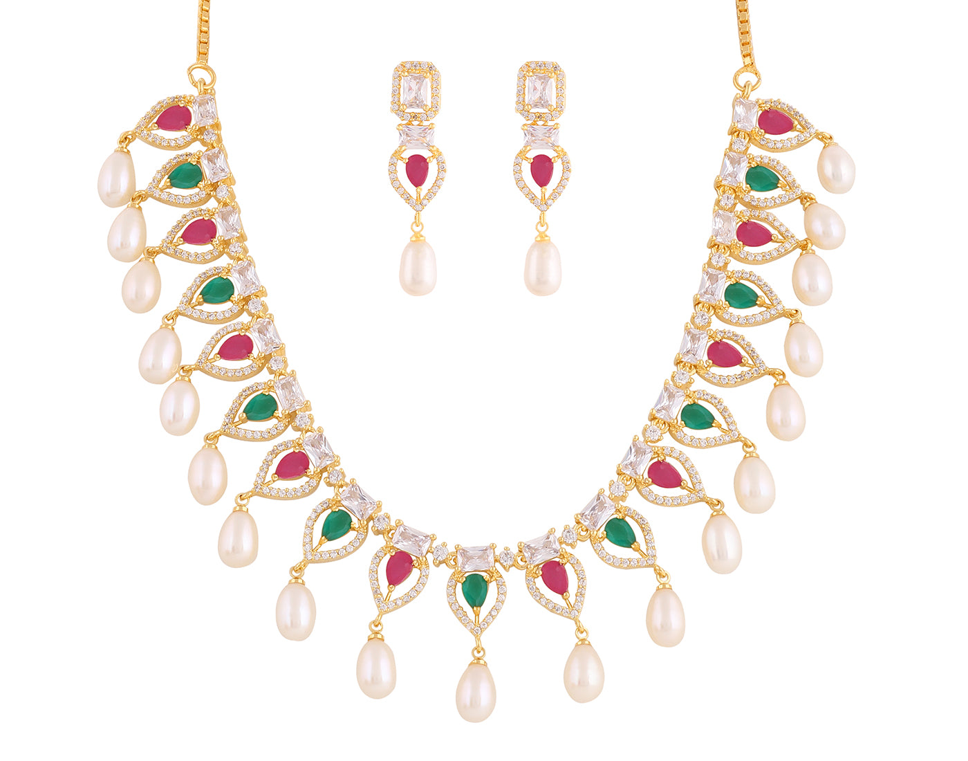 Beautiful Cz Stone Studded Necklace Set For Women With Real Pearl Drops With Certificate(D.No ADPRLS2023)