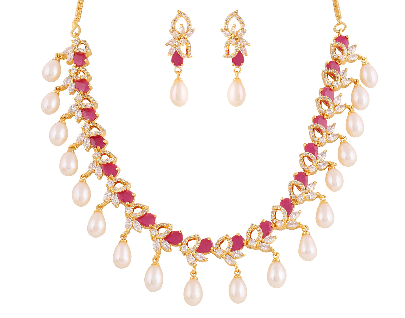Beautiful Cz Stone Studded Necklace Set For Women With Real Pearl Drops With Certificate(D.No ADPRLS2024)