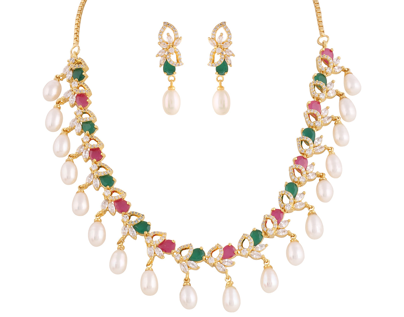 Beautiful Cz Stone Studded Necklace Set For Women With Real Pearl Drops With Certificate(D.No ADPRLS2025)