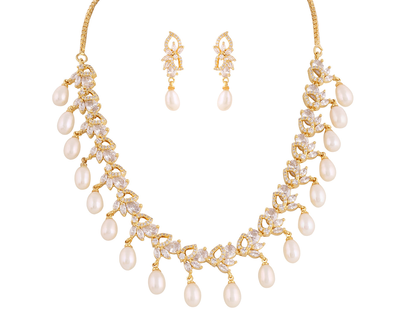 Beautiful Cz Stone Studded Necklace Set For Women With Real Pearl Drops With Certificate(D.No ADPRLS2026)