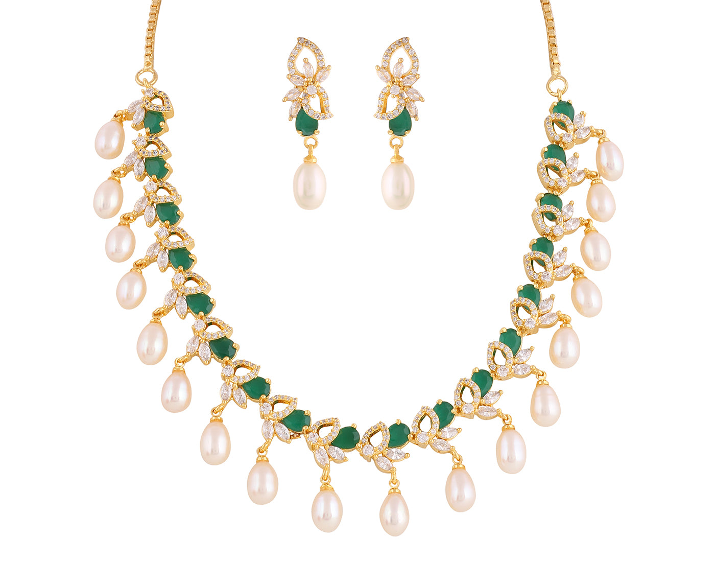 Beautiful Cz Stone Studded Necklace Set For Women With Real Pearl Drops With Certificate(D.No ADPRLS2027)
