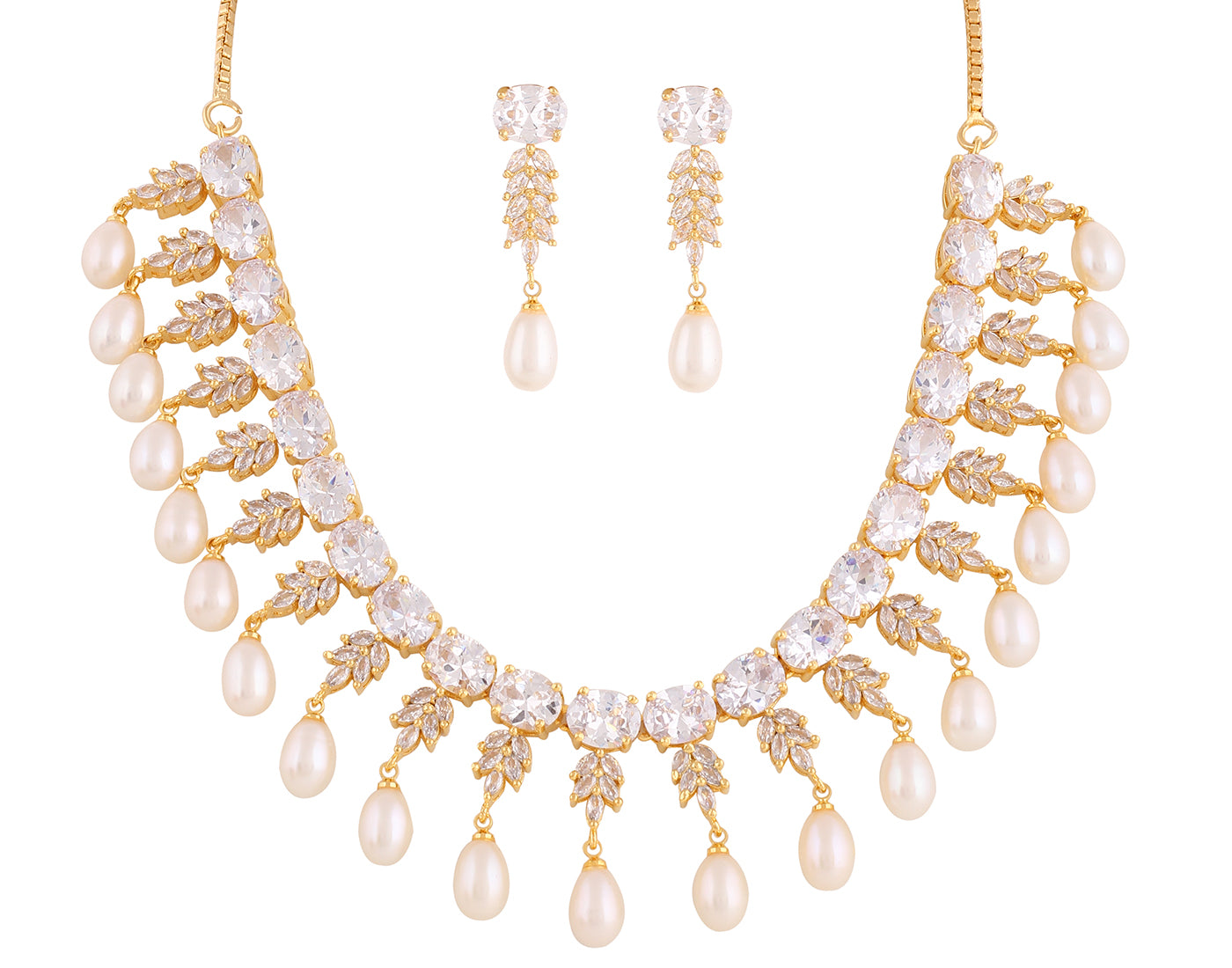 Beautiful Cz Stone Studded Necklace Set For Women With Real Pearl Drops With Certificate(D.No ADPRLS2028)