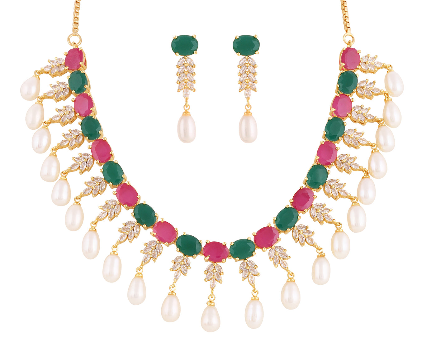 Beautiful Cz Stone Studded Necklace Set For Women With Real Pearl Drops With Certificate(D.No ADPRLS2029)