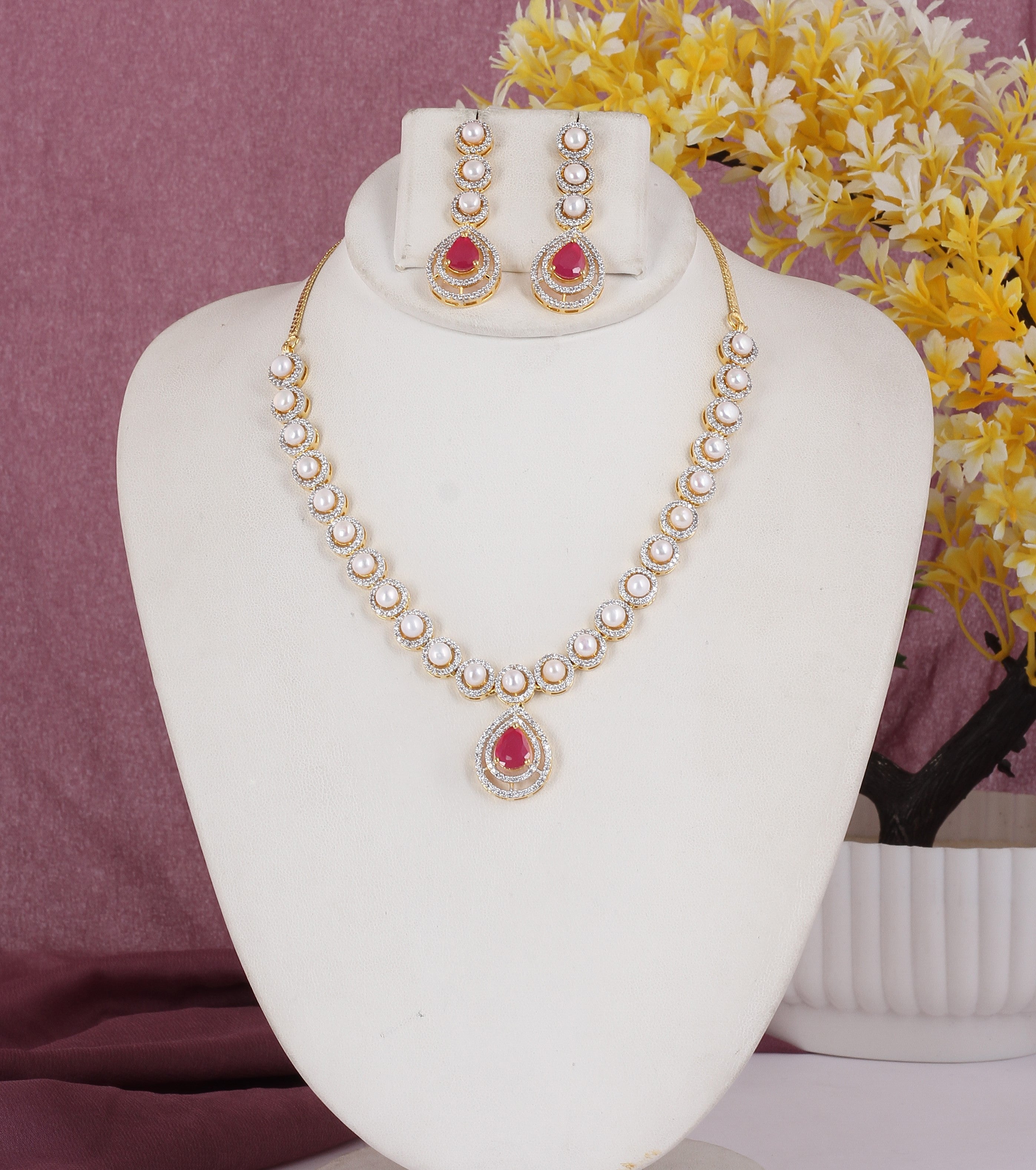 Beautiful Elegant Cz Stone N Real Button Pearls Necklace Set For Women With Certificate(D.No ADPRLS2032)
