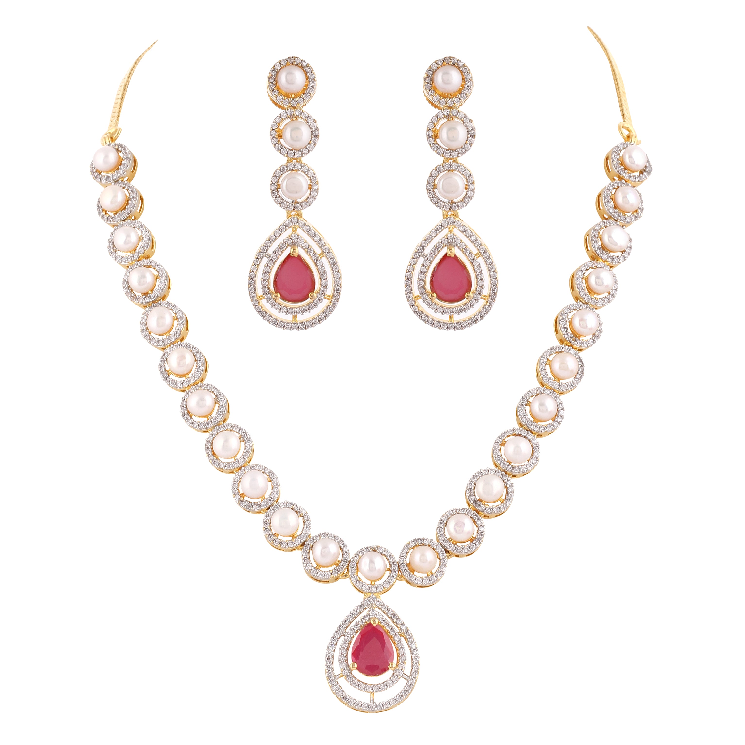Beautiful Elegant Cz Stone N Real Button Pearls Necklace Set For Women With Certificate(D.No ADPRLS2032)