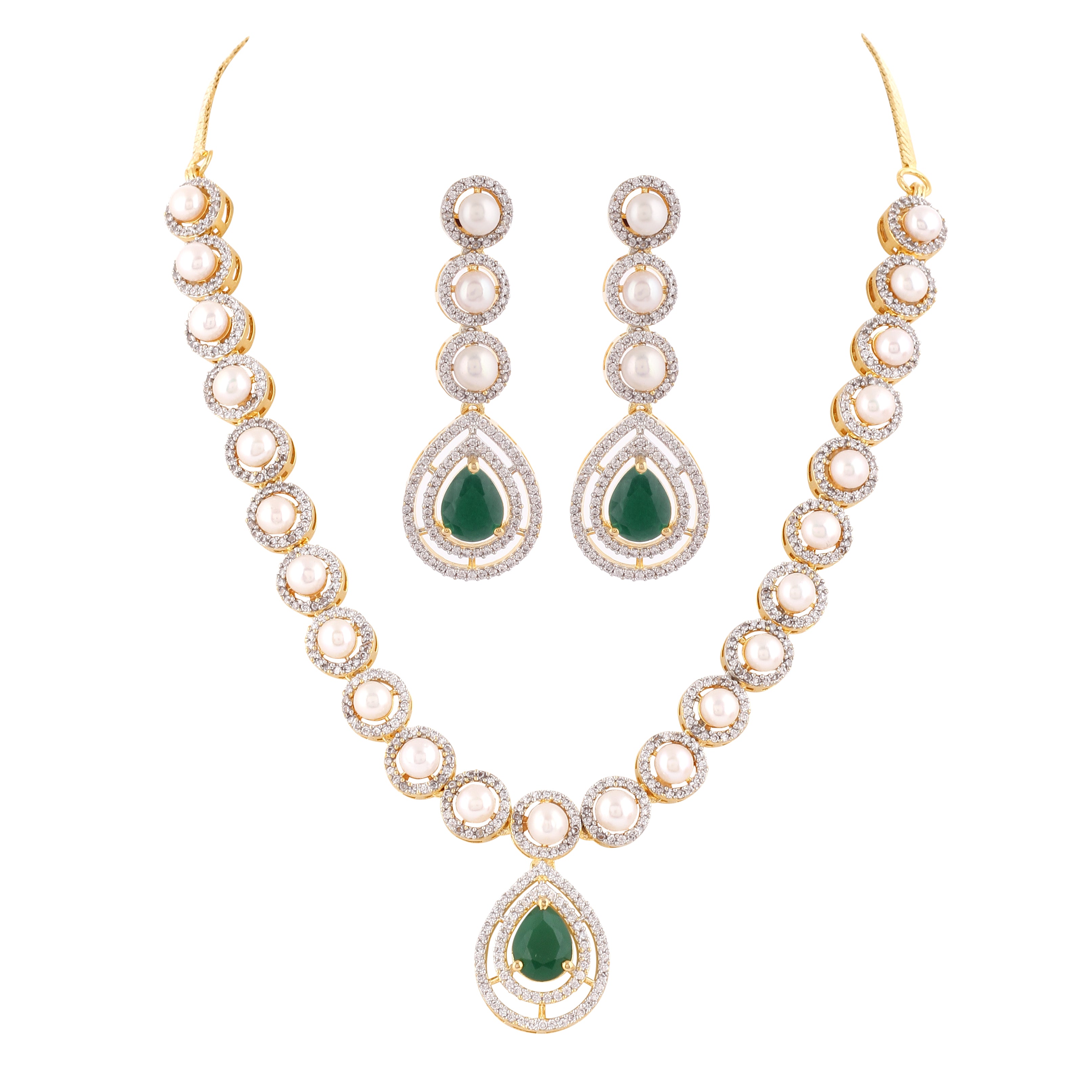 Beautiful Elegant Cz Stone N Real Button Pearls Necklace Set For Women With Certificate(D.No ADPRLS2033)