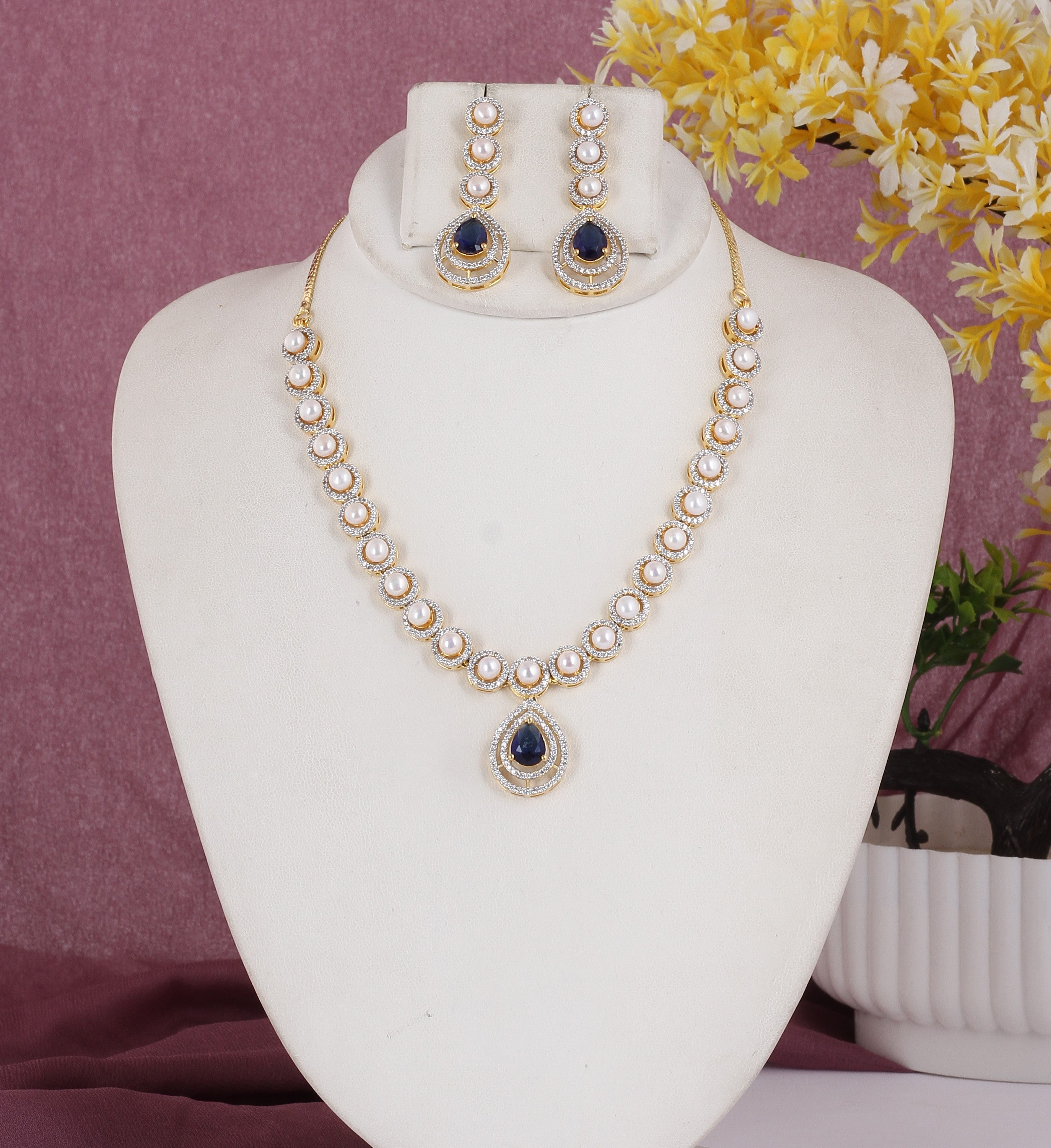 Beautiful Elegant Cz Stone N Real Button Pearls Necklace Set For Women With Certificate(D.No ADPRLS2034)