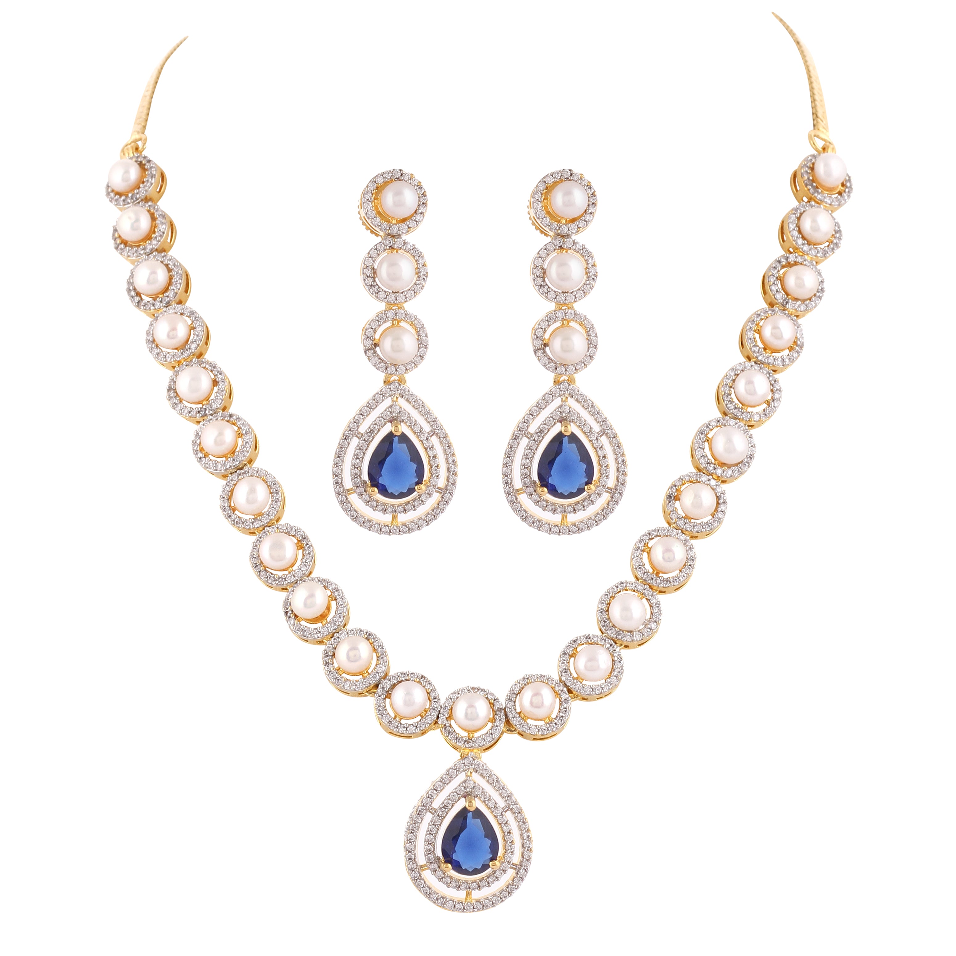Beautiful Elegant Cz Stone N Real Button Pearls Necklace Set For Women With Certificate(D.No ADPRLS2034)