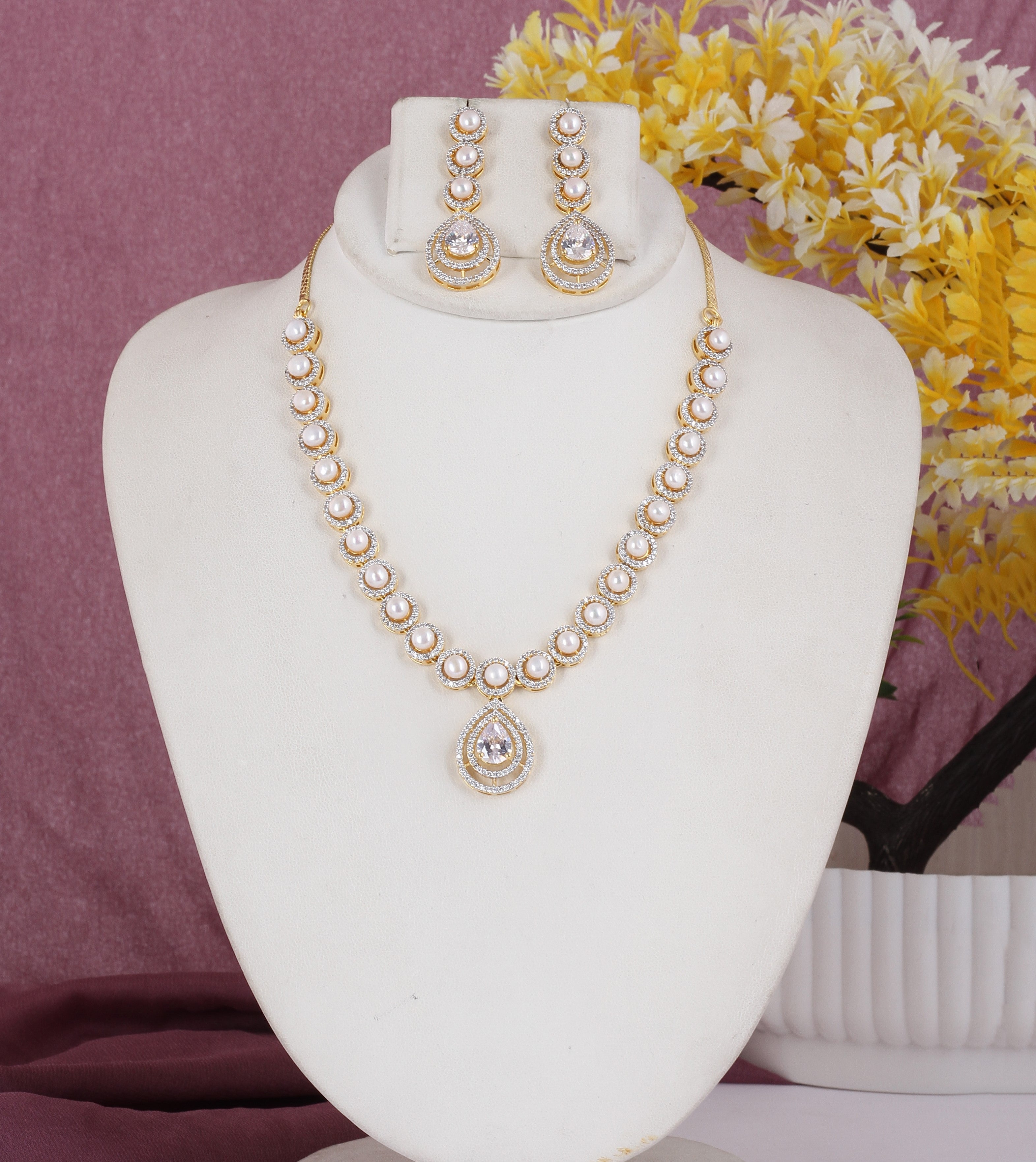 Beautiful Elegant Cz Stone N Real Button Pearls Necklace Set For Women With Certificate(D.No ADPRLS2035)
